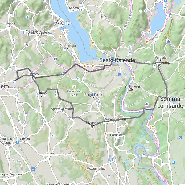 Map miniature of "Scenic Road Cycling Route from Gattico to Coast dal Pinin and Poggio Bazzona" cycling inspiration in Piemonte, Italy. Generated by Tarmacs.app cycling route planner
