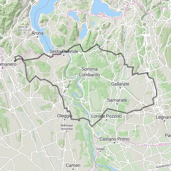 Miniatua del mapa de inspiración ciclista "Desafío de ciclismo de carretera a Cairate y Poggio Bazzona" en Piemonte, Italy. Generado por Tarmacs.app planificador de rutas ciclistas