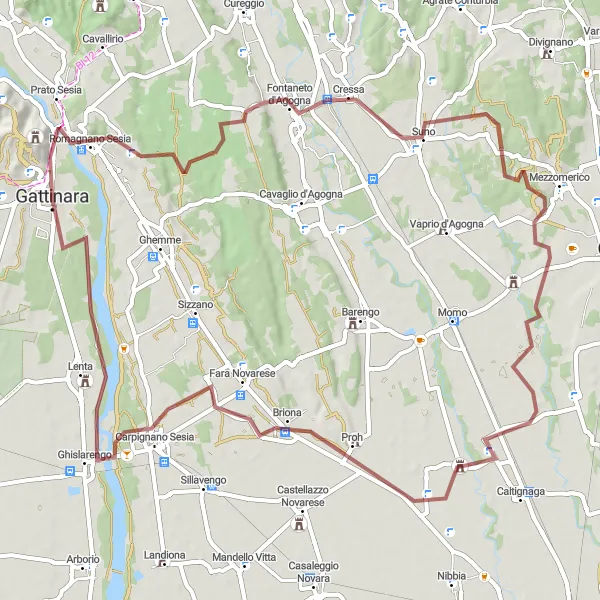 Miniaturní mapa "Gravelová cesta kolem Romagnano Sesia" inspirace pro cyklisty v oblasti Piemonte, Italy. Vytvořeno pomocí plánovače tras Tarmacs.app