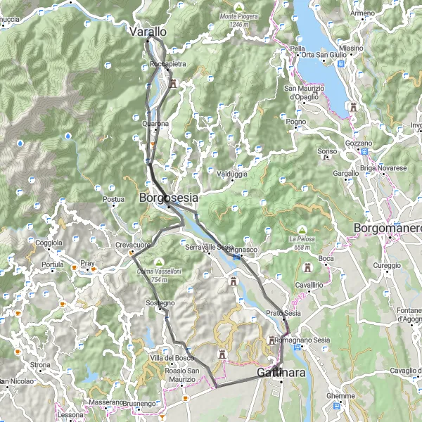 Kartminiatyr av "Rundtur till Sostegno och Locarno" cykelinspiration i Piemonte, Italy. Genererad av Tarmacs.app cykelruttplanerare
