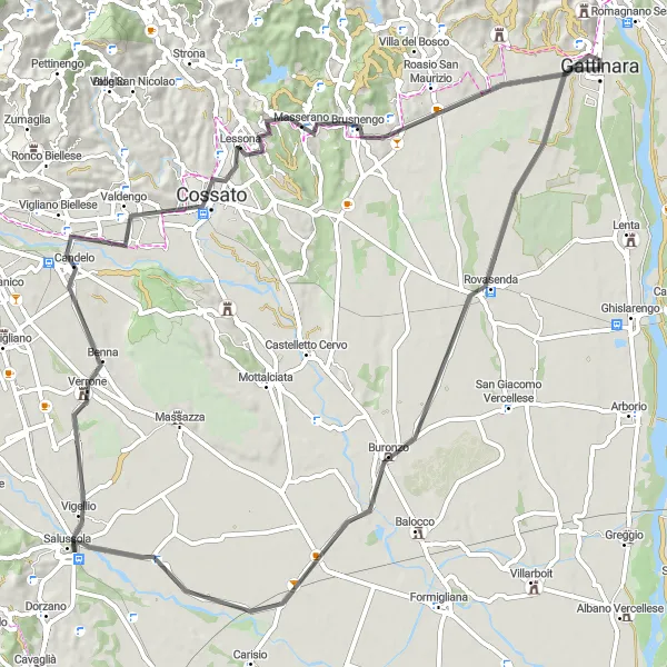 Miniatura della mappa di ispirazione al ciclismo "Cicloturismo tra Gattinara e Brusnengo" nella regione di Piemonte, Italy. Generata da Tarmacs.app, pianificatore di rotte ciclistiche