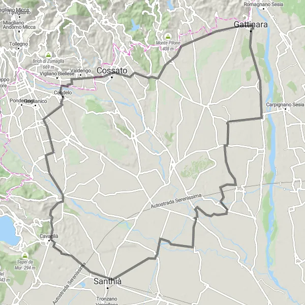 Miniaturní mapa "Road Cycling Expedition near Gattinara" inspirace pro cyklisty v oblasti Piemonte, Italy. Vytvořeno pomocí plánovače tras Tarmacs.app