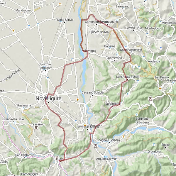 Kartminiatyr av "Gavi til Bric delle Streghe" sykkelinspirasjon i Piemonte, Italy. Generert av Tarmacs.app sykkelrutoplanlegger