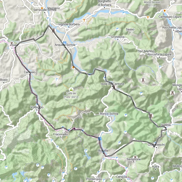 Miniatuurkaart van de fietsinspiratie "Avontuurlijke route naar Busalla" in Piemonte, Italy. Gemaakt door de Tarmacs.app fietsrouteplanner