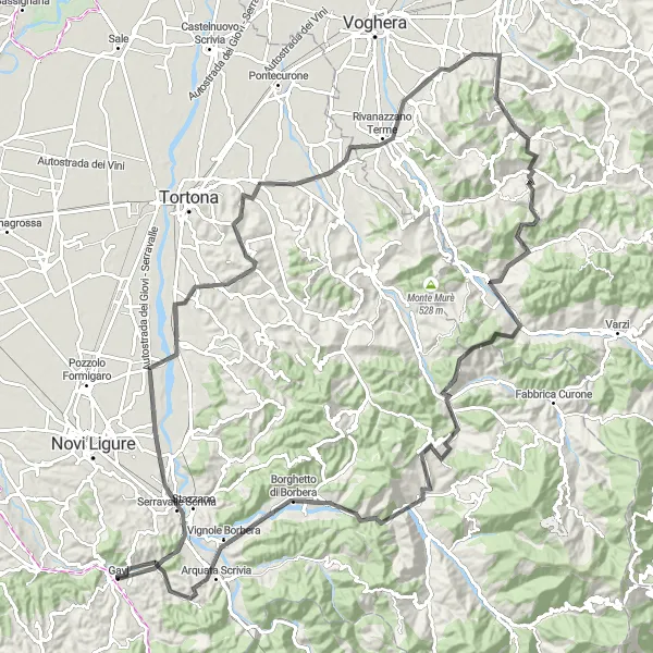 Miniatura della mappa di ispirazione al ciclismo "Giro Panoramico delle Colline di Gavi" nella regione di Piemonte, Italy. Generata da Tarmacs.app, pianificatore di rotte ciclistiche