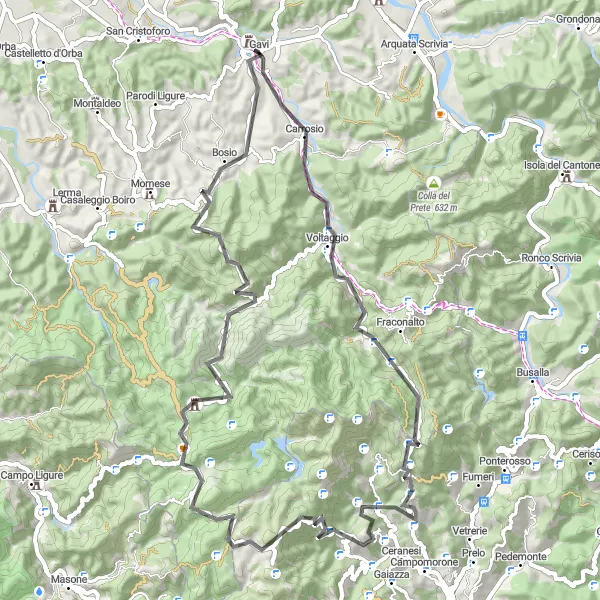 Mapa miniatúra "Okruh cez Capanne di Marcarolo" cyklistická inšpirácia v Piemonte, Italy. Vygenerované cyklistickým plánovačom trás Tarmacs.app