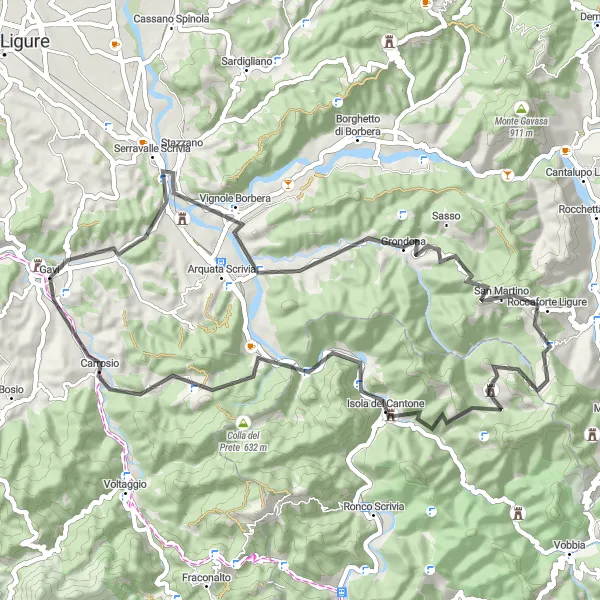 Miniatua del mapa de inspiración ciclista "Ruta de ciclismo Roccaforte Ligure - Carrosio" en Piemonte, Italy. Generado por Tarmacs.app planificador de rutas ciclistas
