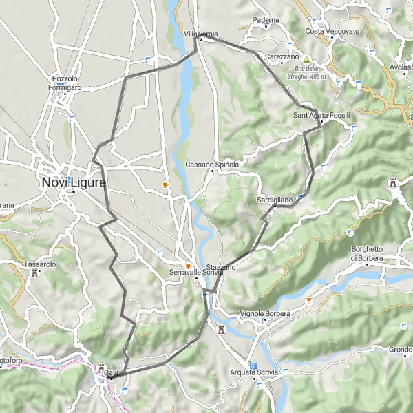 Miniatura della mappa di ispirazione al ciclismo "Serpentata tra Gavi e Sardigliano" nella regione di Piemonte, Italy. Generata da Tarmacs.app, pianificatore di rotte ciclistiche