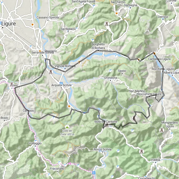 Miniatura della mappa di ispirazione al ciclismo "Traversata da Gavi al Forte di Gavi" nella regione di Piemonte, Italy. Generata da Tarmacs.app, pianificatore di rotte ciclistiche