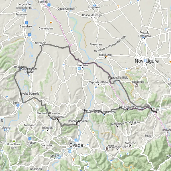 Miniaturekort af cykelinspirationen "Gavi til Predosa Road Cycling Tur" i Piemonte, Italy. Genereret af Tarmacs.app cykelruteplanlægger