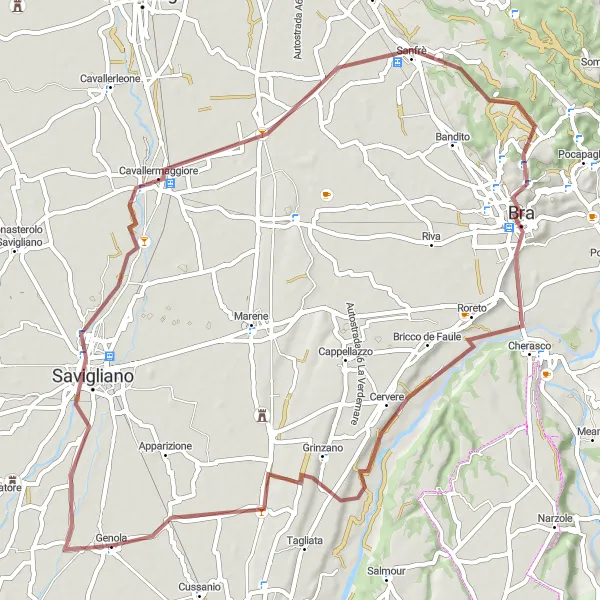 Miniatuurkaart van de fietsinspiratie "Gravelroute Genola naar Roreto" in Piemonte, Italy. Gemaakt door de Tarmacs.app fietsrouteplanner