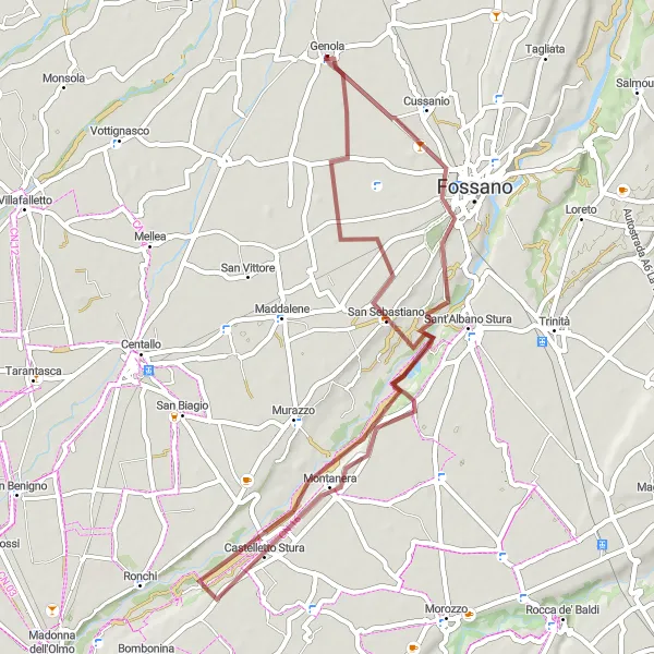 Miniatua del mapa de inspiración ciclista "Ruta de ciclismo de grava Cussanio-Castelletto Stura-San Sebastiano-Genola" en Piemonte, Italy. Generado por Tarmacs.app planificador de rutas ciclistas