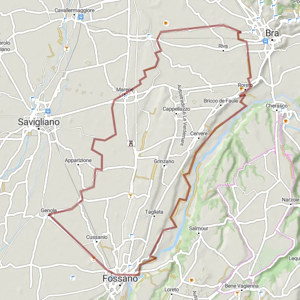 Miniaturní mapa "Gravelová trasa Marene-Roreto-Cervere-Cussanio" inspirace pro cyklisty v oblasti Piemonte, Italy. Vytvořeno pomocí plánovače tras Tarmacs.app