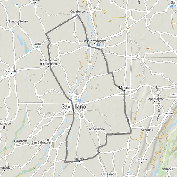 Map miniature of "Genola - Marene Loop" cycling inspiration in Piemonte, Italy. Generated by Tarmacs.app cycling route planner