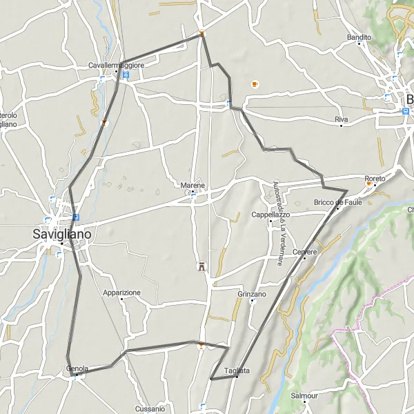 Miniaturní mapa "Cyklistická trasa Savigliano - Tagliata - Genola" inspirace pro cyklisty v oblasti Piemonte, Italy. Vytvořeno pomocí plánovače tras Tarmacs.app