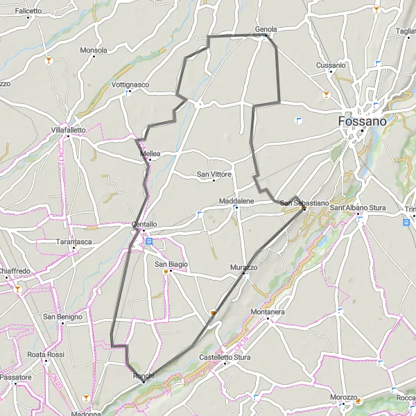 Miniature de la carte de l'inspiration cycliste "Boucle à vélo de 50 km près de Genola" dans la Piemonte, Italy. Générée par le planificateur d'itinéraire cycliste Tarmacs.app