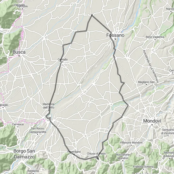 Miniaturní mapa "Cussanio - Sant'Albano Stura - Punto Panoramico - Peveragno - Cuneo - Levaldigi" inspirace pro cyklisty v oblasti Piemonte, Italy. Vytvořeno pomocí plánovače tras Tarmacs.app