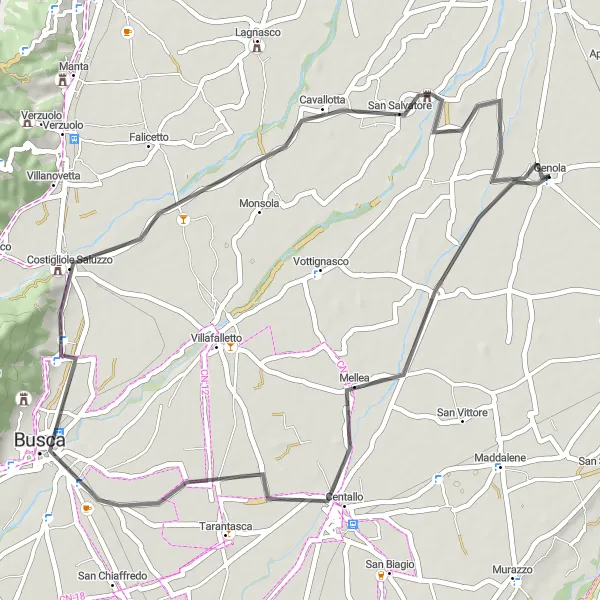 Miniaturní mapa "Cyklotrasa Levaldigi-Centallo-Costigliole Saluzzo" inspirace pro cyklisty v oblasti Piemonte, Italy. Vytvořeno pomocí plánovače tras Tarmacs.app