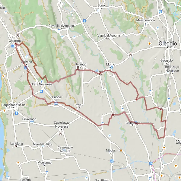 Miniatua del mapa de inspiración ciclista "Ruta de Gravel a través de Castillos y Pueblos" en Piemonte, Italy. Generado por Tarmacs.app planificador de rutas ciclistas