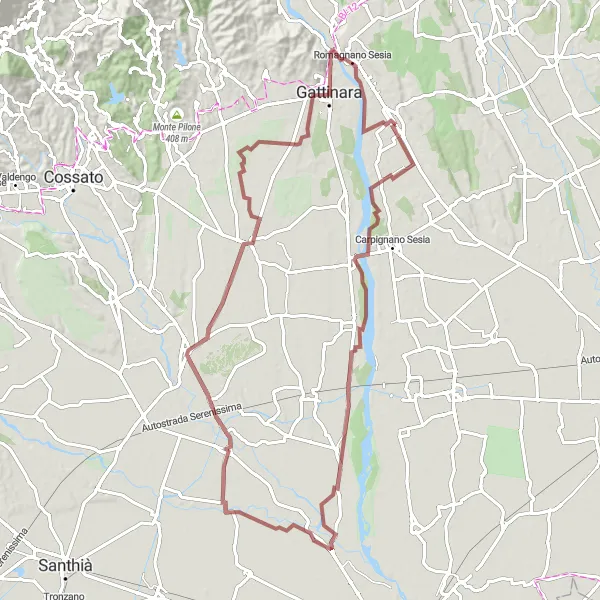 Zemljevid v pomanjšavi "Gravel kolesarska pot od Ghemme do Castello Ricetto" kolesarske inspiracije v Piemonte, Italy. Generirano z načrtovalcem kolesarskih poti Tarmacs.app