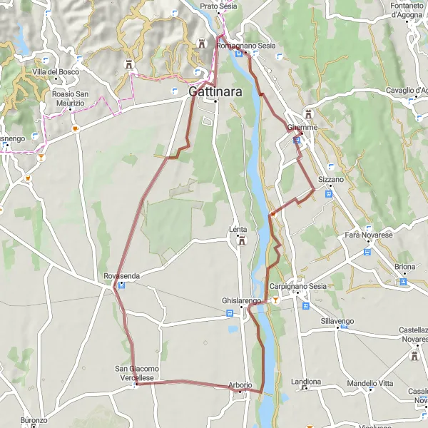 Map miniature of "Exploring Rovasenda and Castles of Ghemme" cycling inspiration in Piemonte, Italy. Generated by Tarmacs.app cycling route planner