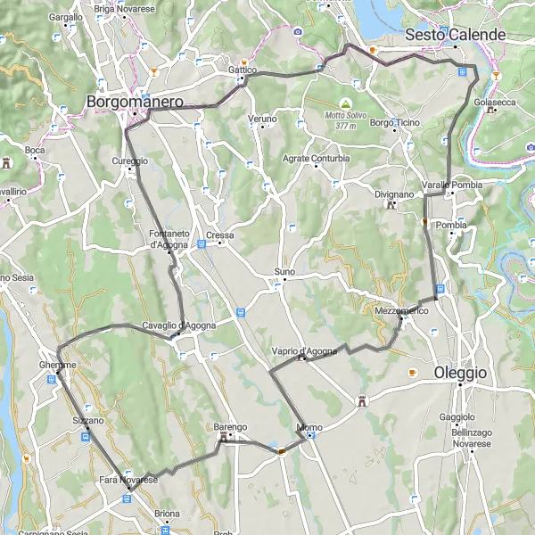 Miniaturní mapa "Okruh kolem Ghemme s výhledy na Cavaglio d'Agogna a Sizzano" inspirace pro cyklisty v oblasti Piemonte, Italy. Vytvořeno pomocí plánovače tras Tarmacs.app