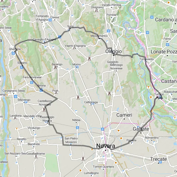 Map miniature of "The Suno Circuit" cycling inspiration in Piemonte, Italy. Generated by Tarmacs.app cycling route planner