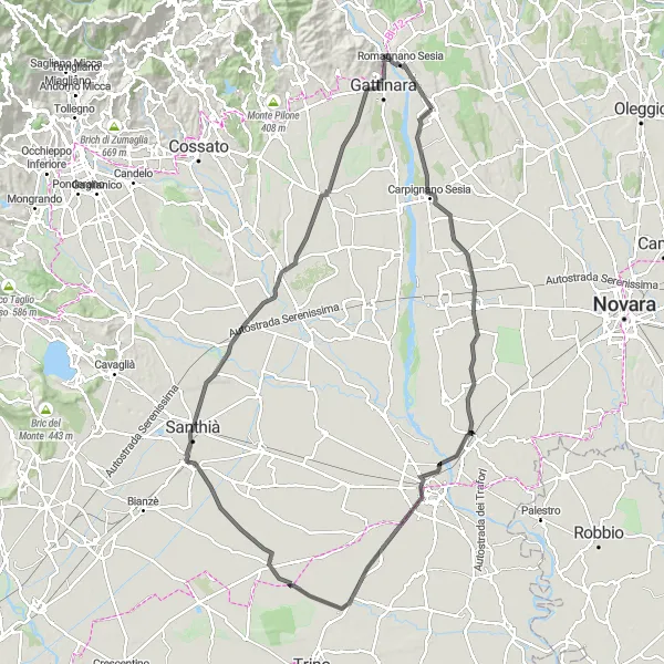 Miniaturní mapa "Cyklistická trasa kolem Ghemme" inspirace pro cyklisty v oblasti Piemonte, Italy. Vytvořeno pomocí plánovače tras Tarmacs.app