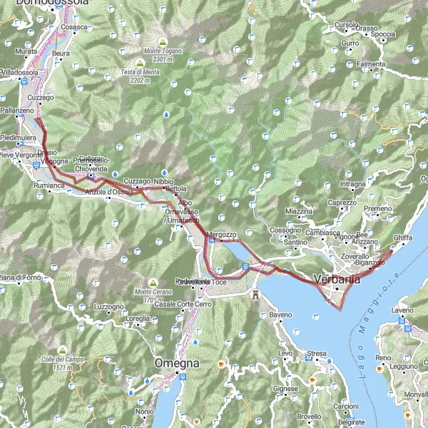 Miniatua del mapa de inspiración ciclista "Ruta de Grava de Ghiffa a Verbania" en Piemonte, Italy. Generado por Tarmacs.app planificador de rutas ciclistas
