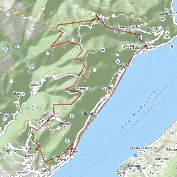 Miniatua del mapa de inspiración ciclista "Ruta de ciclismo de grava Ghiffa-Premeno" en Piemonte, Italy. Generado por Tarmacs.app planificador de rutas ciclistas