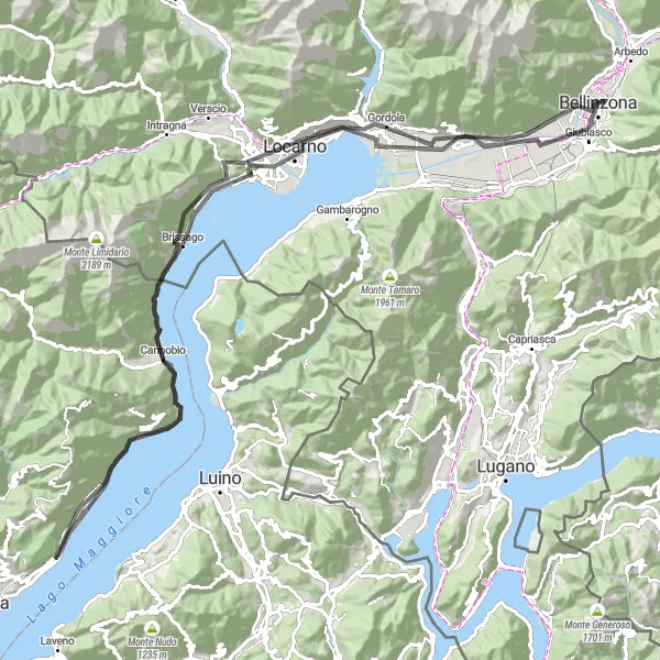 Miniatura della mappa di ispirazione al ciclismo "Lago Maggiore Expedition" nella regione di Piemonte, Italy. Generata da Tarmacs.app, pianificatore di rotte ciclistiche