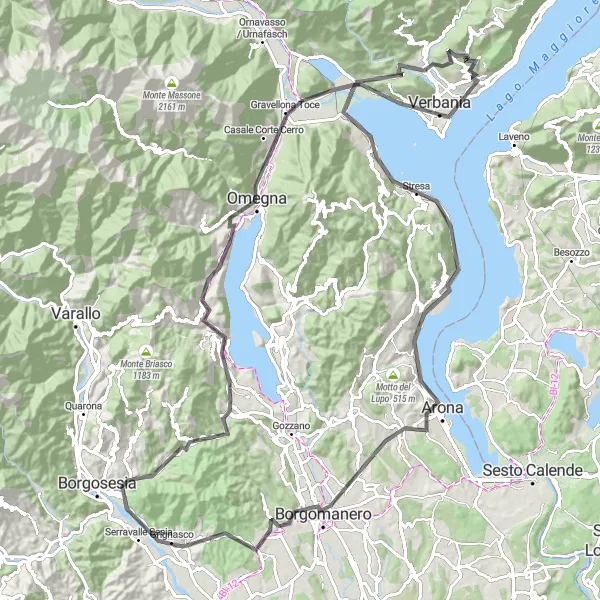 Miniatua del mapa de inspiración ciclista "Desafío ciclista de Monte Cimolo a Gravellona Toce" en Piemonte, Italy. Generado por Tarmacs.app planificador de rutas ciclistas