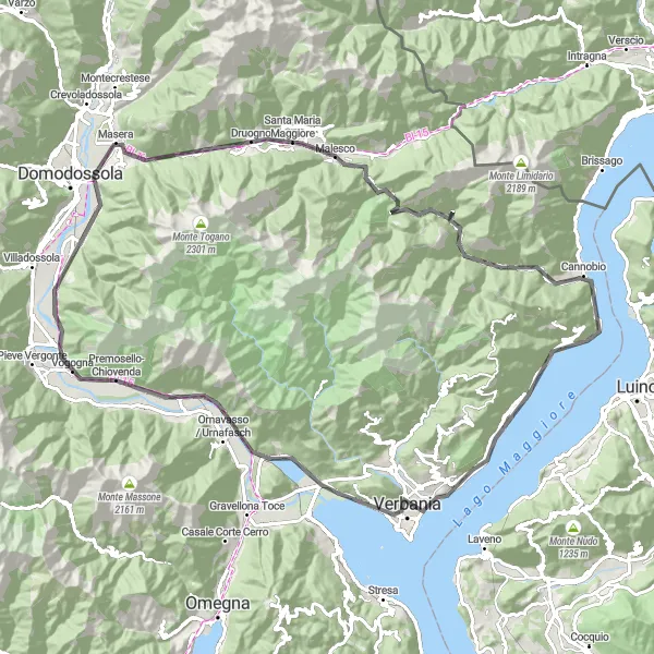 Miniatua del mapa de inspiración ciclista "Ruta de ciclismo de carretera Verbania-Monte Cargiago" en Piemonte, Italy. Generado por Tarmacs.app planificador de rutas ciclistas
