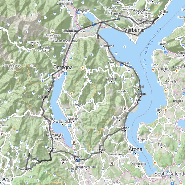 Miniatua del mapa de inspiración ciclista "Épica ruta de ciclismo de carretera desde Ghiffa" en Piemonte, Italy. Generado por Tarmacs.app planificador de rutas ciclistas