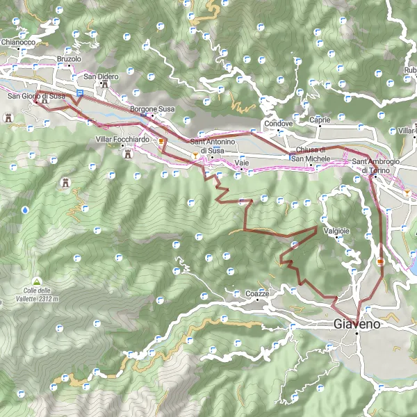 Miniature de la carte de l'inspiration cycliste "Escapade en Gravel de 57 km autour de Giaveno" dans la Piemonte, Italy. Générée par le planificateur d'itinéraire cycliste Tarmacs.app