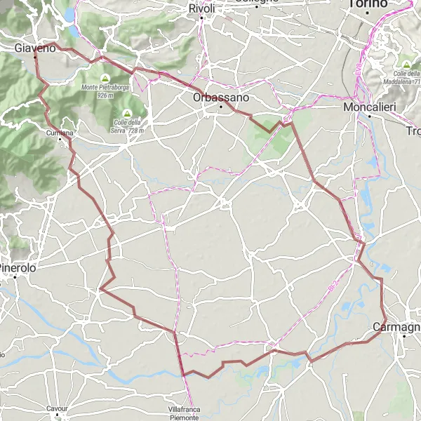 Mapa miniatúra "Giaveno - Cumiana Gravel Cycling" cyklistická inšpirácia v Piemonte, Italy. Vygenerované cyklistickým plánovačom trás Tarmacs.app