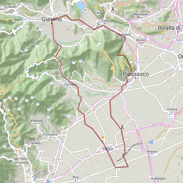 Kartminiatyr av "Grusväg cykeltur från Giaveno" cykelinspiration i Piemonte, Italy. Genererad av Tarmacs.app cykelruttplanerare