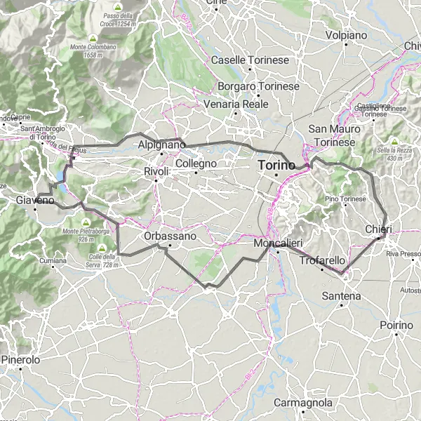 Mapa miniatúra "Giaveno - Chieri Road Cycling" cyklistická inšpirácia v Piemonte, Italy. Vygenerované cyklistickým plánovačom trás Tarmacs.app