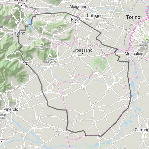 Map miniature of "Scenic Road Tour through Avigliana and Rivoli" cycling inspiration in Piemonte, Italy. Generated by Tarmacs.app cycling route planner