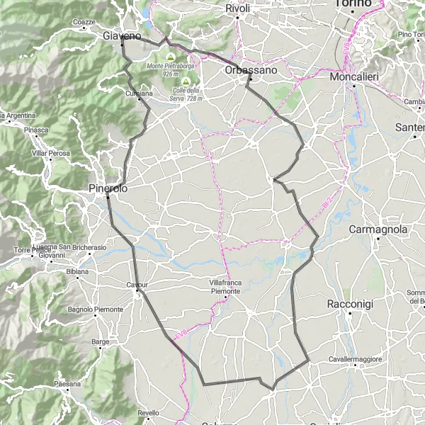 Miniatura della mappa di ispirazione al ciclismo "Alla Scoperta di Monte Cuneo e Giaveno in Bici" nella regione di Piemonte, Italy. Generata da Tarmacs.app, pianificatore di rotte ciclistiche