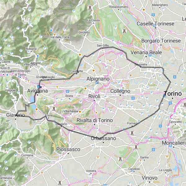Kartminiatyr av "Giaveno til Monte Cuneo Road Cycling Route" sykkelinspirasjon i Piemonte, Italy. Generert av Tarmacs.app sykkelrutoplanlegger