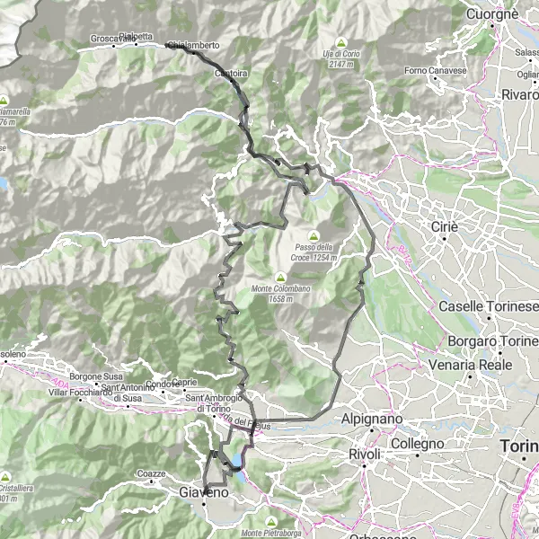 Kartminiatyr av "Utmanande landsvägar runt Giaveno" cykelinspiration i Piemonte, Italy. Genererad av Tarmacs.app cykelruttplanerare