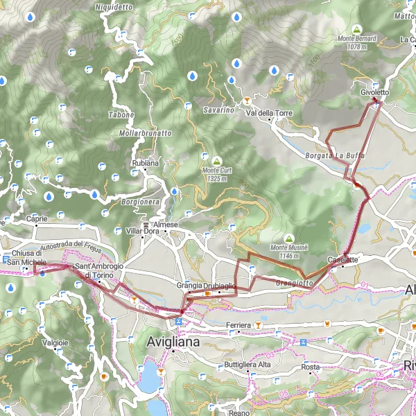Miniatura della mappa di ispirazione al ciclismo "Giro in Gravel verso Monte Musinè" nella regione di Piemonte, Italy. Generata da Tarmacs.app, pianificatore di rotte ciclistiche