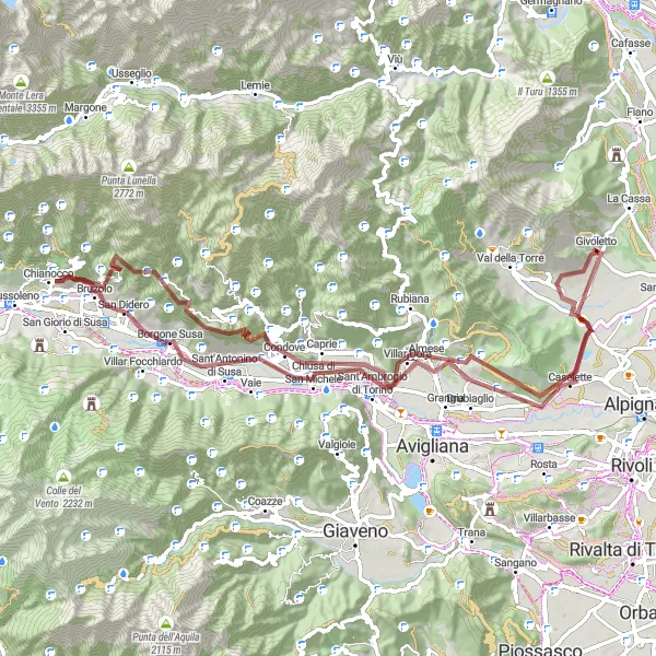Map miniature of "Givoletto Gravel Loop" cycling inspiration in Piemonte, Italy. Generated by Tarmacs.app cycling route planner