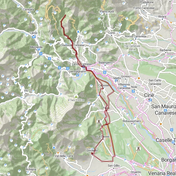 Miniaturekort af cykelinspirationen "Gruscykelrute til Lanzo Torinese" i Piemonte, Italy. Genereret af Tarmacs.app cykelruteplanlægger