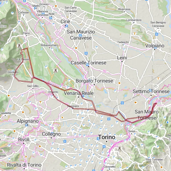 Miniatura della mappa di ispirazione al ciclismo "Giro gravel tra Druento e Monte Castello" nella regione di Piemonte, Italy. Generata da Tarmacs.app, pianificatore di rotte ciclistiche