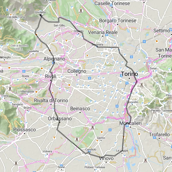 Miniaturní mapa "Okruh kolem Moncalieri" inspirace pro cyklisty v oblasti Piemonte, Italy. Vytvořeno pomocí plánovače tras Tarmacs.app