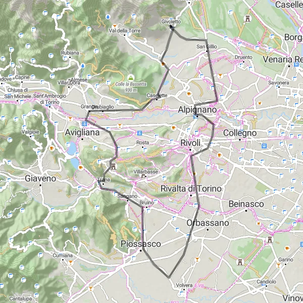 Map miniature of "The Rivoli Ride" cycling inspiration in Piemonte, Italy. Generated by Tarmacs.app cycling route planner