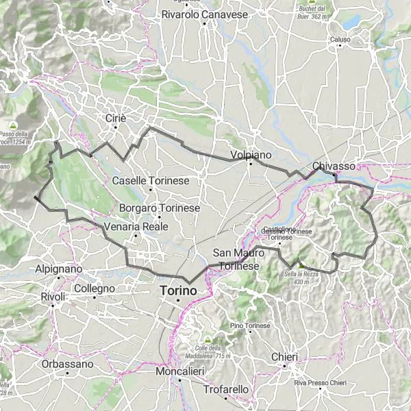 Miniature de la carte de l'inspiration cycliste "Exploration des Collines Canavese" dans la Piemonte, Italy. Générée par le planificateur d'itinéraire cycliste Tarmacs.app