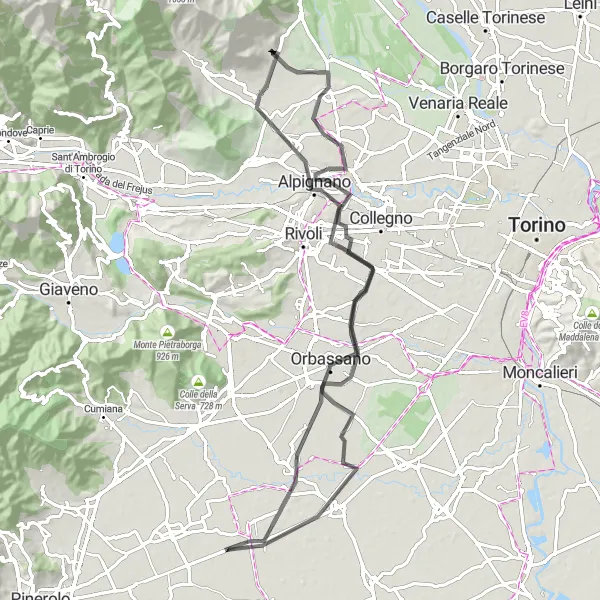 Miniatua del mapa de inspiración ciclista "Ruta de Ciclismo de Carretera Givoletto - Alpignano - Volvera" en Piemonte, Italy. Generado por Tarmacs.app planificador de rutas ciclistas